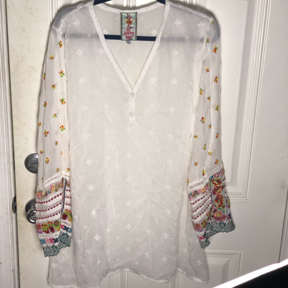 Johnny Was White Eyelet Simple All Over Embroidered Cuffs Peasant Tunic Blouse - Picture 4 of 14